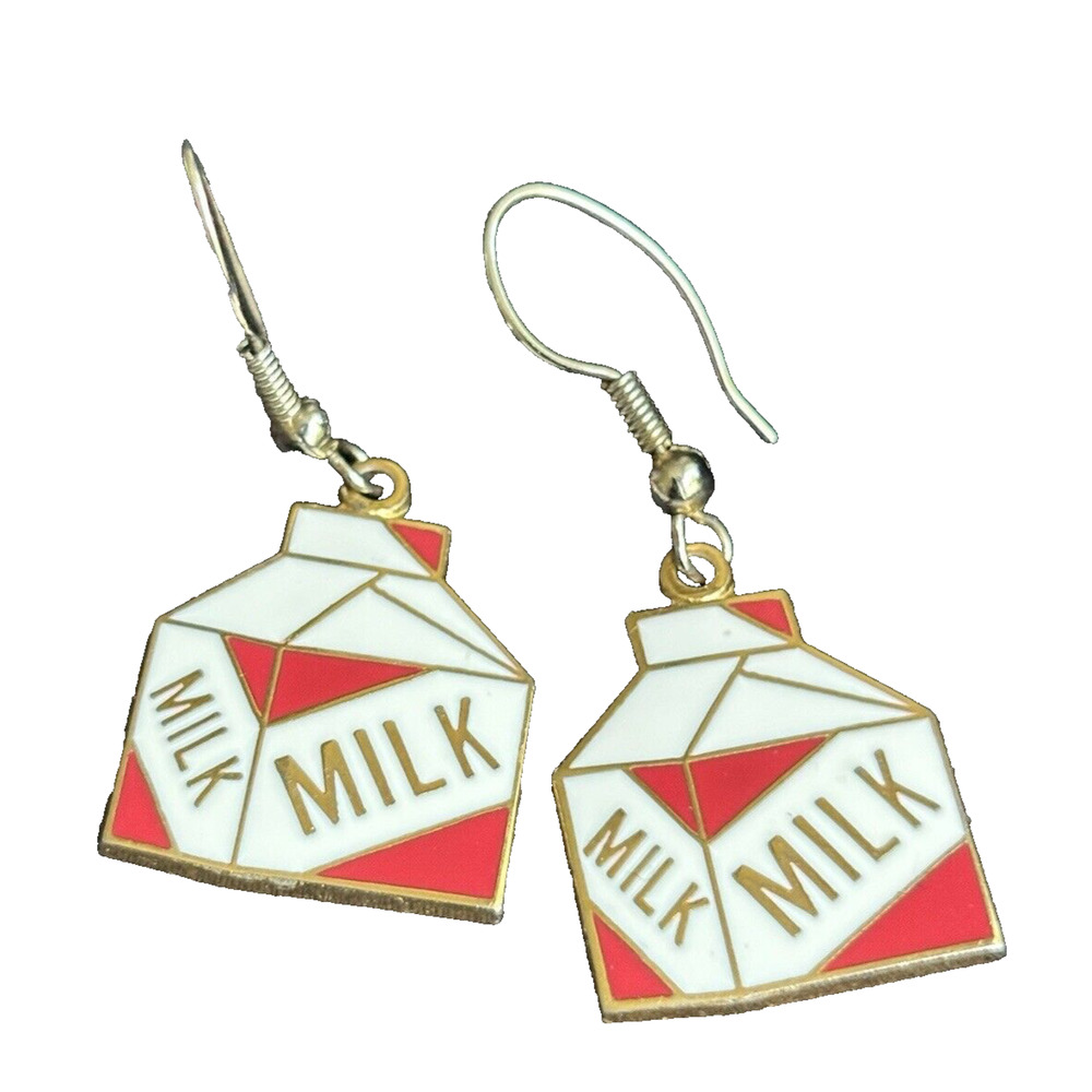 Vintage Enamel Milk Carto Drop Dangle Earrings Gold Tone 1.5" Long Milk Jewelry